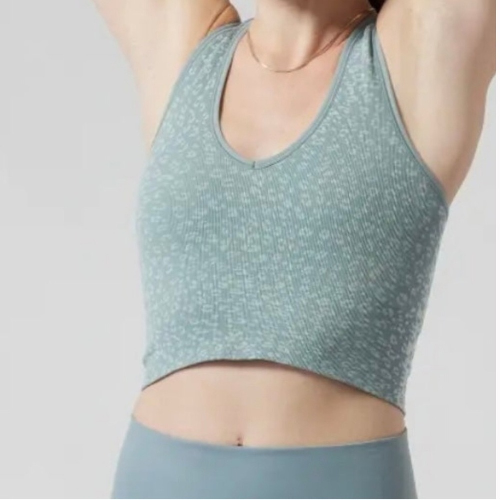 Athleta Aurora Crop Rib Tank Green Leopard Animal Print Size Medium